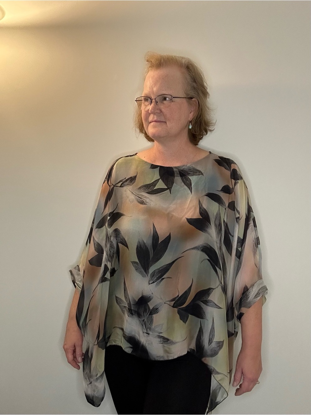 Sheer Botanical Print Handkerchief Blouse Built-In Inner Tank Womens One Size